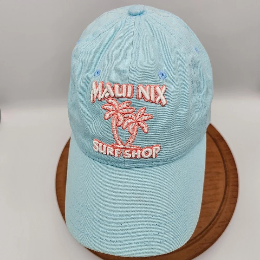Maui Nix‎ Surf Shop Youth Snapback Hat Pastel Blue Pink Palm Trees Pukka Kid Cap